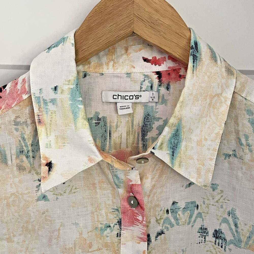 Chicos 1 Womens 8/M Linen Watercolor Art Button Shirt 3/4 Sleeve Resort Coastal - Picture 5 of 16